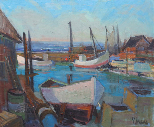 Mid Century Oil Painting of Harbor by Listed Artist Eskil Skans Sweden