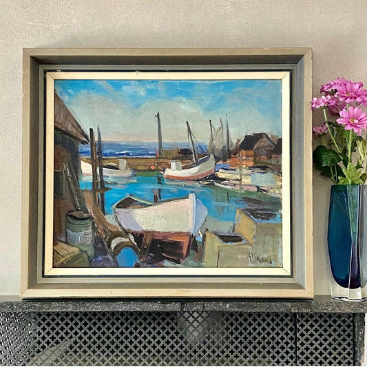 Mid Century Oil Painting of Harbor by Listed Artist Eskil Skans Sweden