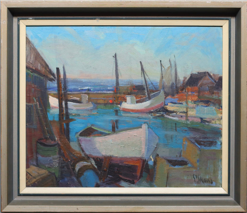 Mid Century Oil Painting of Harbor by Listed Artist Eskil Skans Sweden