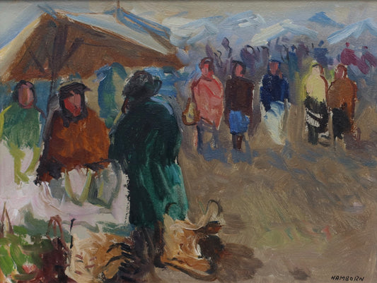 Vintage Framed Market Scene Oil Painting by Listed Artist Axel Hamborn Sweden