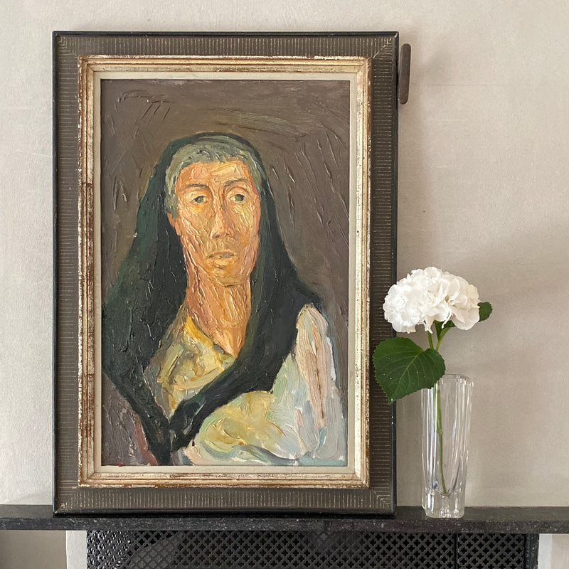 Original Mid Century Vintage Portrait Oil Painting by L Hall from Sweden