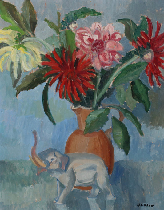 Vintage Mid Century Still Life Oil Painting from Sweden Signed Olsson