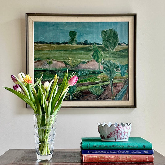 Mid Century Original Vintage Garden Landscape Oil Painting from Sweden