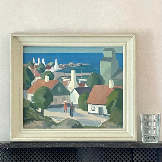 Vintage Mid Century Harbor Oil Painting from Sweden