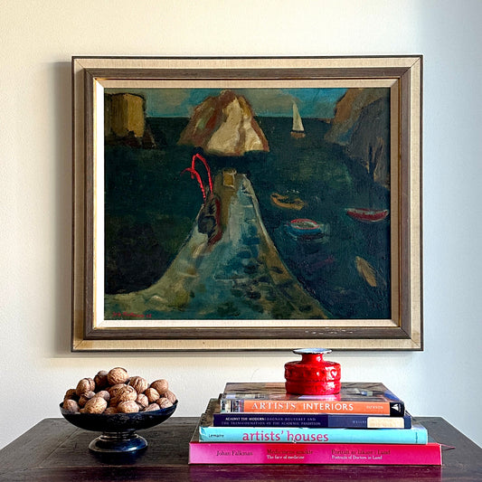 Vintage Mid Century Coastal Oil Painting By J Trostman Sweden