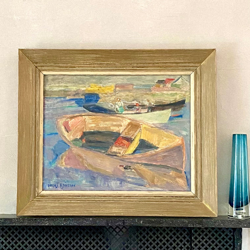 Vintage Mid Century Oil Painting of Fishing Boats By A A Jönsson Sweden