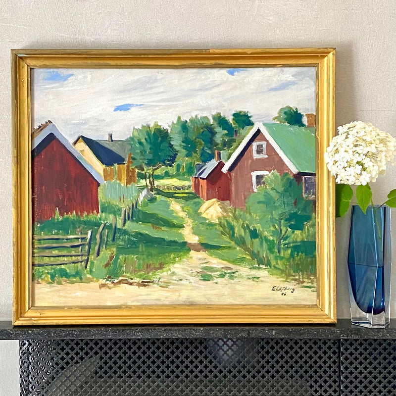 Mid Century Original Country Village Oil Painting From Sweden