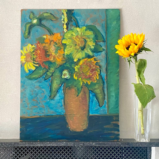 Mid Century Vintage Art Room Oil Painting Of Sunflowers Sweden