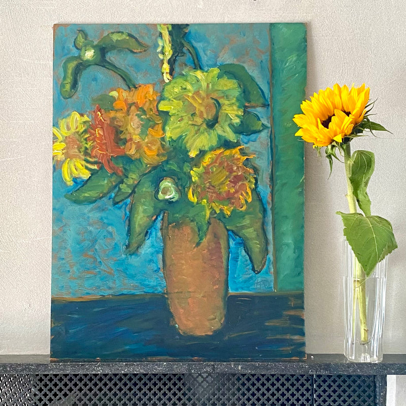 Mid Century Vintage Art Room Oil Painting Of Sunflowers Sweden
