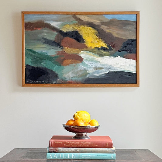 Mid Century Vintage Art Abstract Oil Painting From Sweden