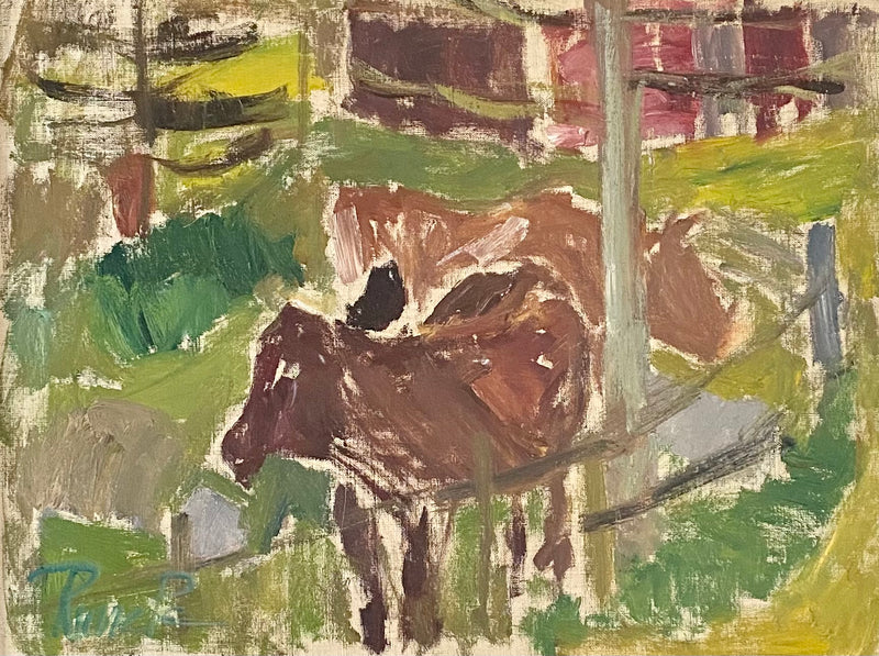 Mid Century Oil Painting Calves By Rune Persson Sweden