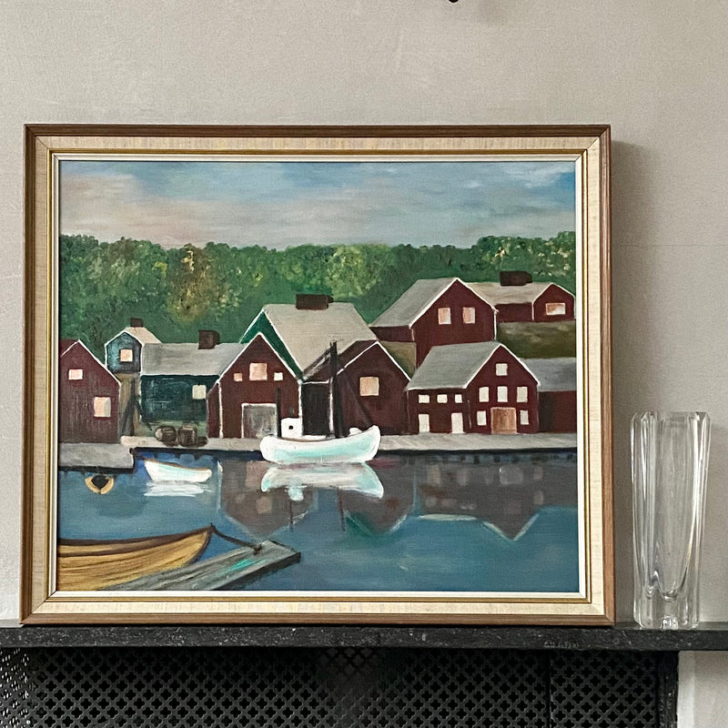 Mid Century Oil Painting from Sweden of a Traditional Harbor