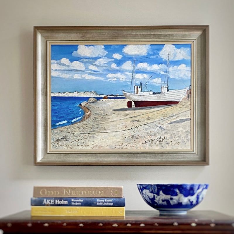 Mid Century Original Coastal Oil Painting From Sweden by E Ljungberg 1969