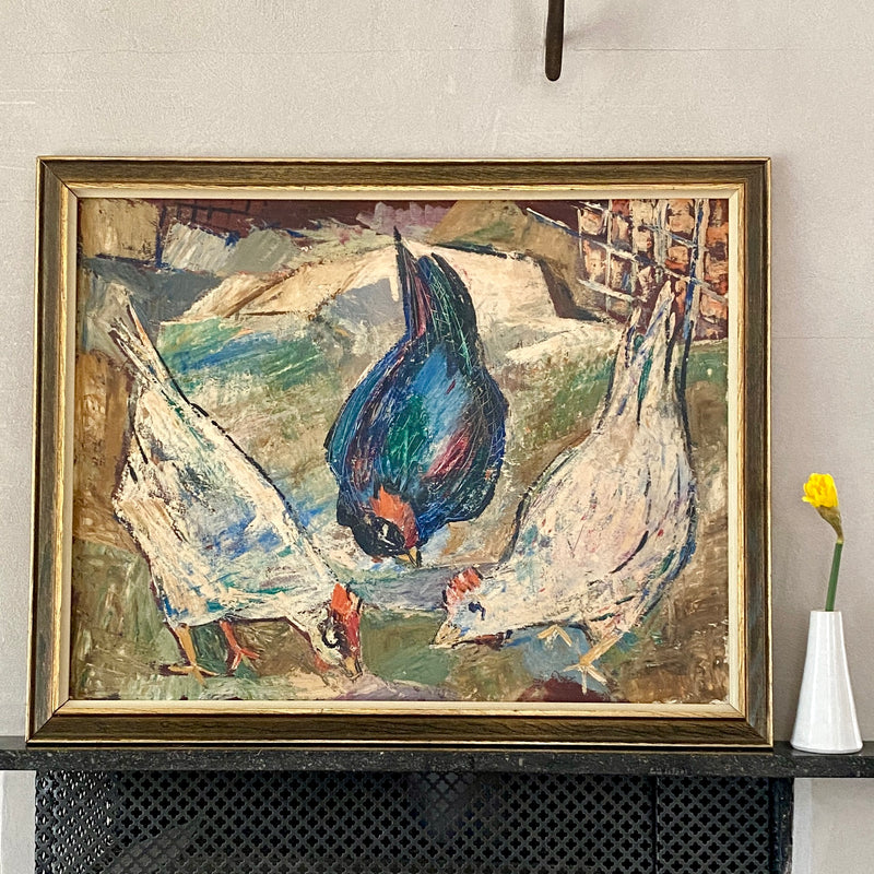 Mid Century Chicken Oil Painting From Sweden