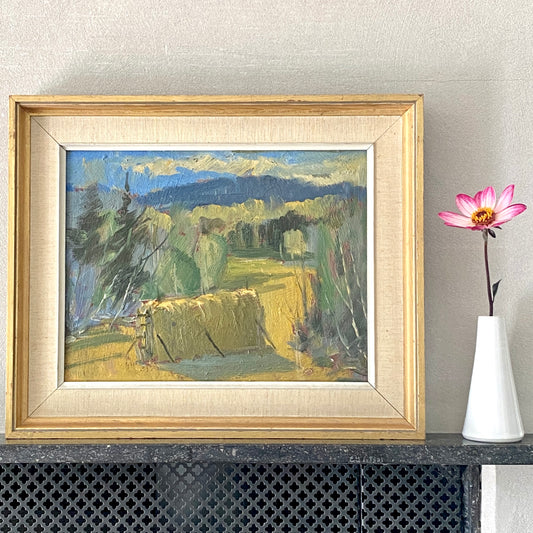 Mid Century Haystack Oil Painting From Sweden