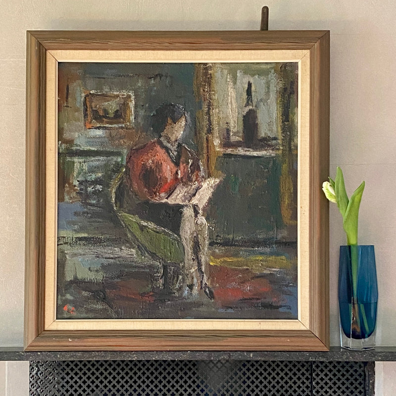 Mid Century Vintage Original Figure Oil Painting From Sweden