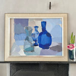 Mid Century Original Still Life Oil Painting in Blues from Sweden