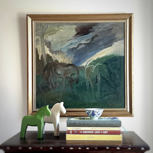 Vintage Art Original Oil Painting of Horses From Sweden