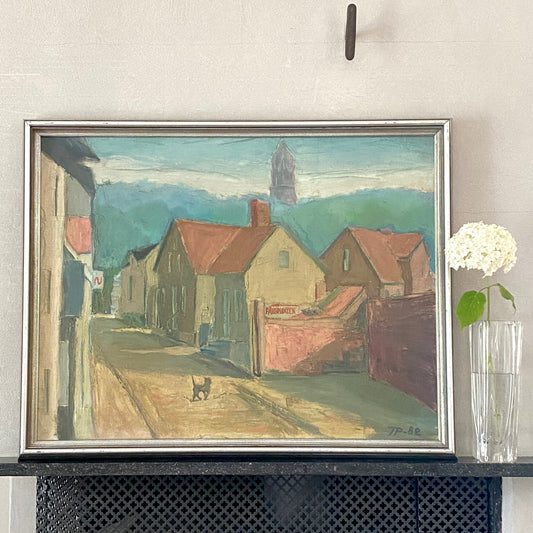 Oil Painting Vintage Mid Century Cityscape with Animal From Sweden