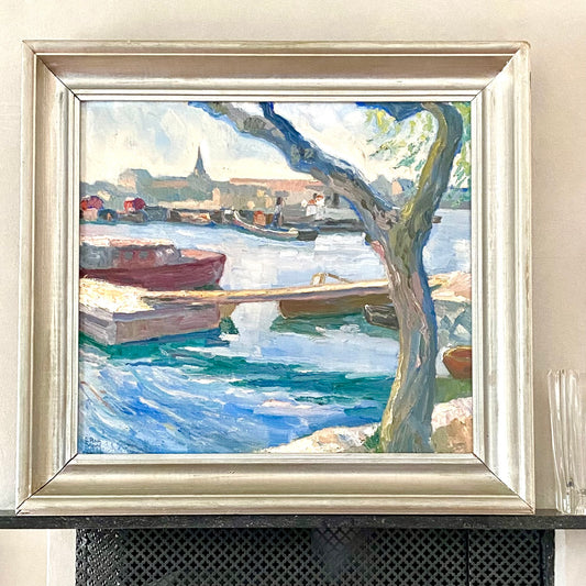 Vintage Mid Century Harbor Oil Painting from Sweden By E Lamm