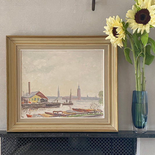 Mid Century Original Cityscape Oil Painting From Sweden
