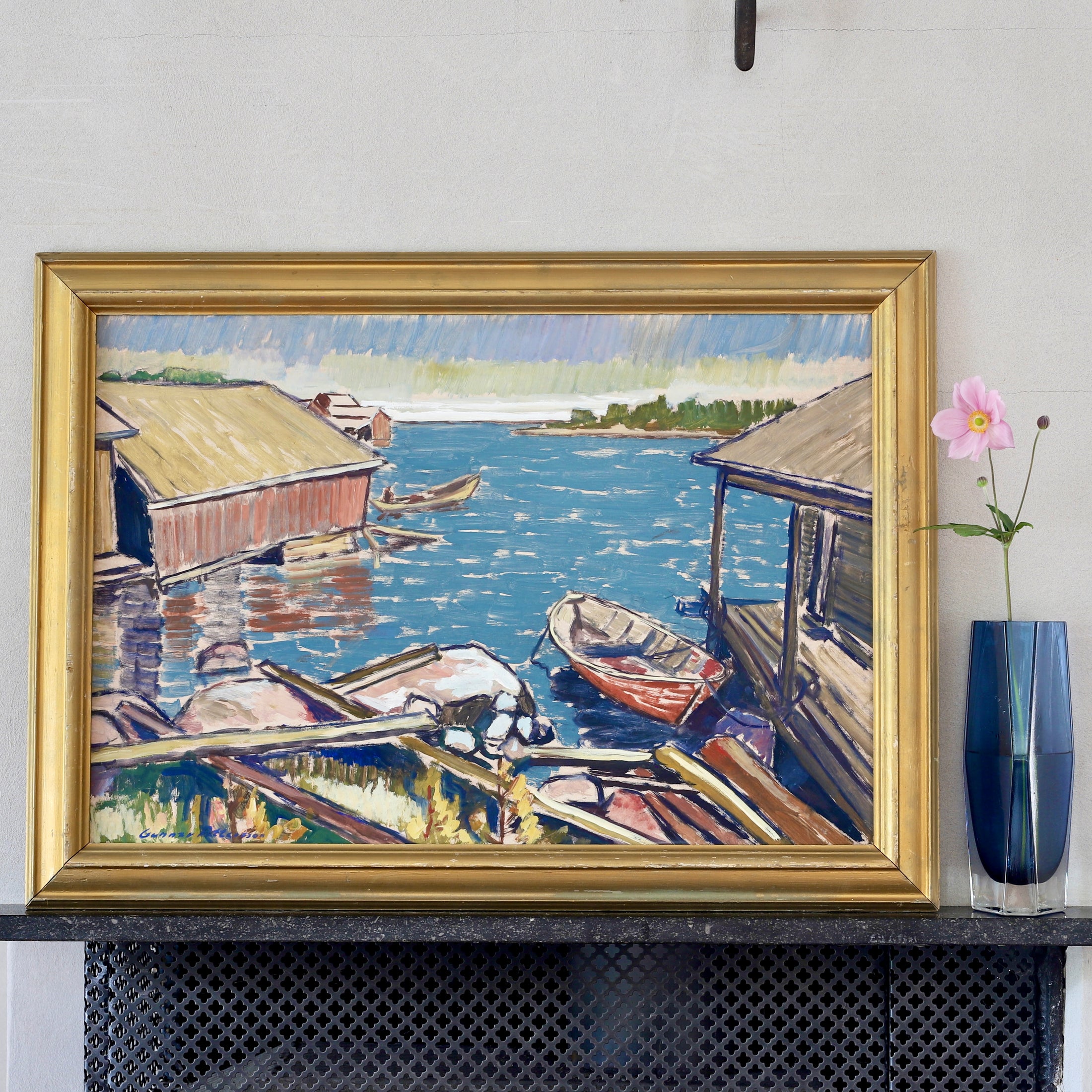 Mid Century Vintage Art Coastal Scene Oil Painting From Sweden