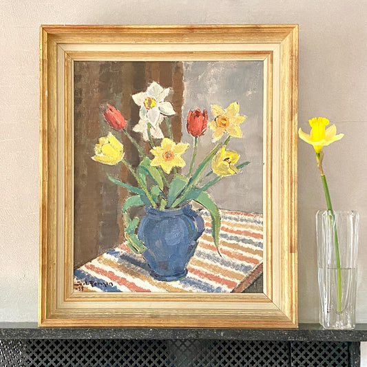 Mid Century Original Still Life Oil Painting From Sweden 1955