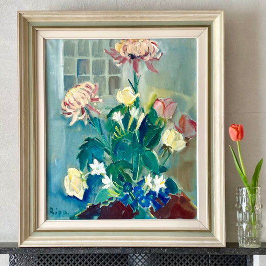 Mid Century Original Still Life Oil Painting By Hans Ripa From Sweden