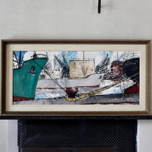 Original Vintage Oil Painting Of Harbor By T Koos Sweden