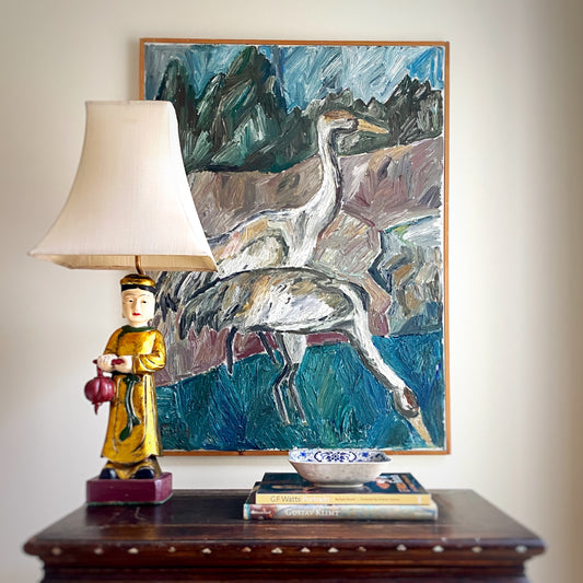 Vintage Art Original Oil Painting of Cranes From Sweden