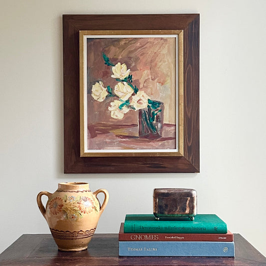 Original Mid Century Still Life Oil Painting Yellow Roses from Sweden
