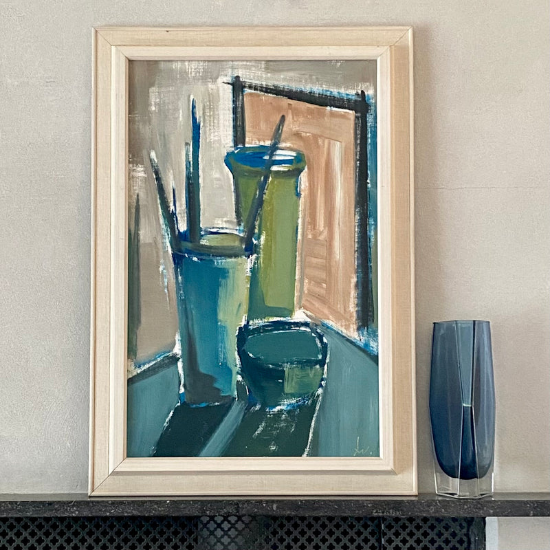 Mid century Still Life Oil Painting of Artist Brushes From Sweden