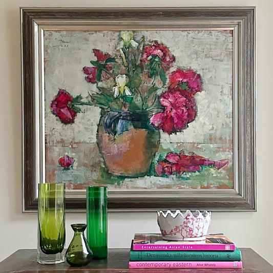 Vintage Mid Century Still Life Floral Oil Painting From Sweden