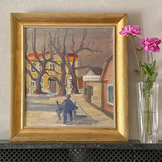 Mid Century Original Cityscape Oil Painting From Sweden